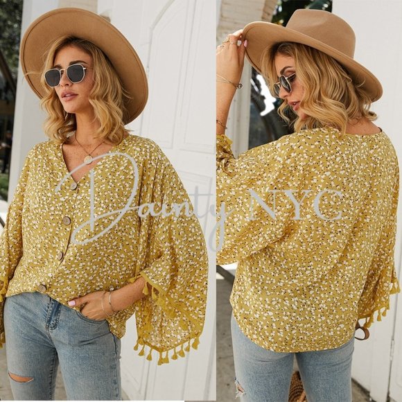 Boho Yellow Confetti Blouse Tassel Fringe Sleeve - Picture 4 of 9